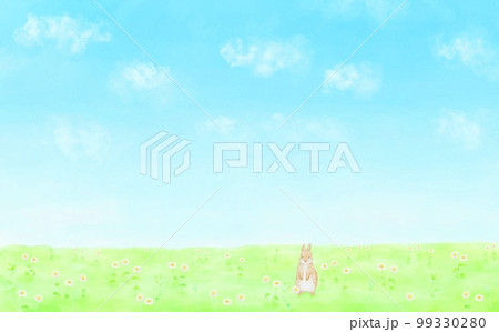 青空広がる野原と野ウサギの背景イラスト。 99330280
