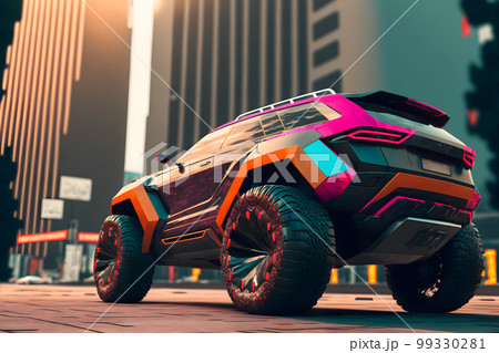 Modern futuristic off-road SUV car in city center. Neural network AI generated art 99330281
