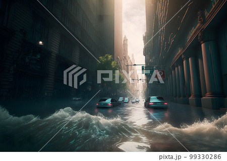 Flood in city center with light sky after heavy rain. Neural network AI generated art 99330286