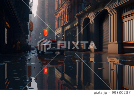 Flood in city center with light sky after heavy rain. Neural network AI generated art 99330287