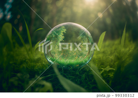 Crystal ball on green grass with reflection of green vegetation inside. Neural network AI generated art Crystal ball on green grass with reflection of green vegetation inside. Neural network AI generated art 99330312