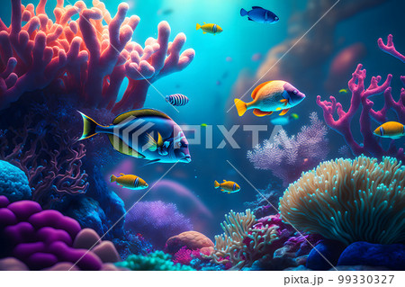 Aqua scene with corals and many fish on blue underwater background. Neural network AI generated art 99330327
