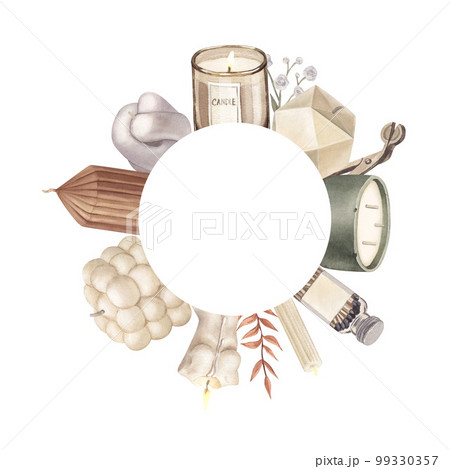 Watercolor round frame of modern scented candles of soy and coconut wax, essential oils, craft trendy candles. Hand-drawn illustration isolated on white background for aromatherapy, home, meditation 99330357