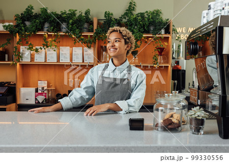 Smiling female bartender looking away while standing at the counter. Young barista in an apron. Smiling female bartender looking away while standing at the counter. Young barista in an apron. 99330556