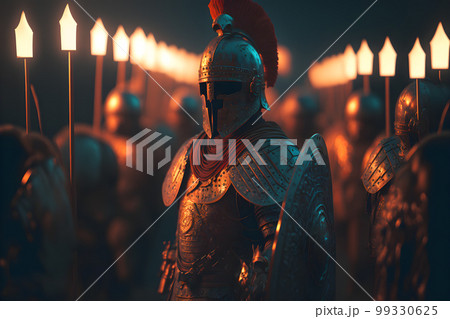 A Roman legion was a large military unit of the Roman army preparing for battle at night. Neural network AI generated art 99330625