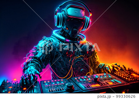 Robot disc jockey at the dj mixer and turntable plays nightclub during party. EDM entertainment party concept. Neural network AI generated art 99330626