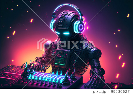 Robot disc jockey at the dj mixer and turntable plays nightclub during party. EDM entertainment party concept. Neural network AI generated art 99330627