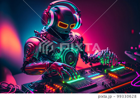 Robot disc jockey at the dj mixer and turntable plays nightclub during party. EDM entertainment party concept. Neural network AI generated art 99330628
