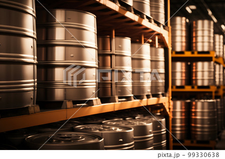 Stacks of beer barrels in brewery manufacturing warehouse. Neural network AI generated art Stacks of beer barrels in brewery manufacturing warehouse. Neural network AI generated art 99330638