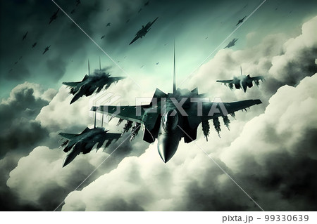 Formation of destroyer jets float in sky during aviation battle. Neural network AI generated art Formation of destroyer jets float in sky during aviation battle. Neural network AI generated art 99330639