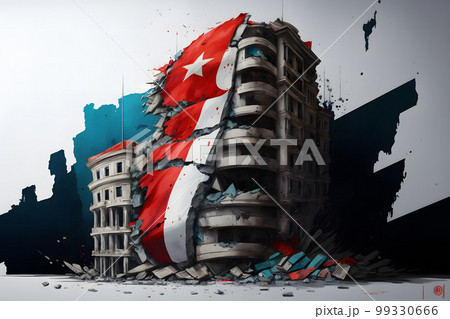 Conceptual illustration of multistorey building damaged in the earthquake with big Turkey flag. Neural network AI generated art Conceptual illustration of multistorey building damaged in the earthquake with big Turkey flag. Neural network AI generated art 99330666