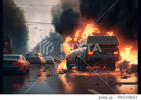 Burning automobile cars on fire accident in city road. Neural network AI generated art Burning automobile cars on fire accident in city road. Neural network AI generated art 99330691