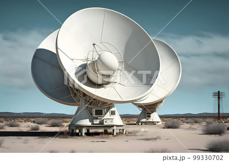 Group of radio telescope satellite dishes. VLA Very Large Array in sandy area. Neural network AI generated art 99330702