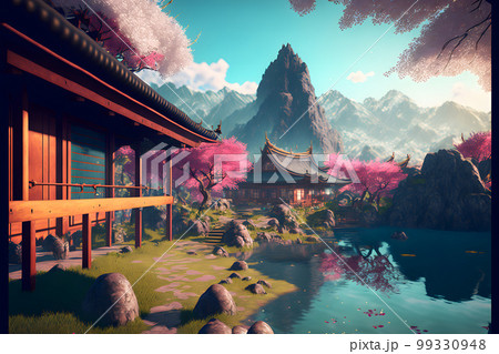 Oriental landscape with japanese traditional building close to river and cloudy mountains in time of sakura blossom. Neural network AI generated art 99330948