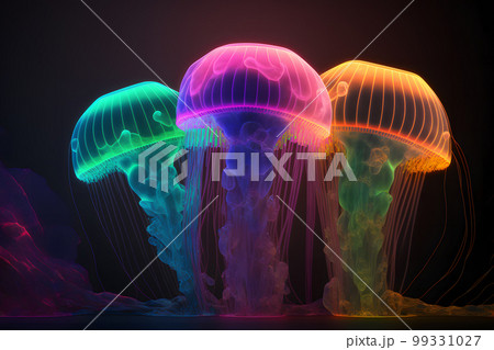 Group of clear glowing neon color light jelly fish in deep dark water. Neural network AI generated art 99331027