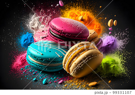 Colorful macarons with bright sugar powder explosion moment on black background. Neural network AI generated art Colorful macarons with bright sugar powder explosion moment on black background. Neural network AI generated art 99331107