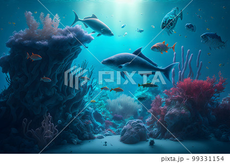 Aqua scene with corals and many fish on blue underwater background. Neural network AI generated art Aqua scene with corals and many fish on blue underwater background. Neural network AI generated art 99331154