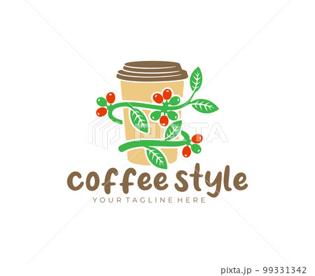 Coffee, paper coffee cup, coffee branch with beans and leaves, logo design. Coffee house, cafe, plant, fruit, food, drink and drinking, vector design and illustration 99331342