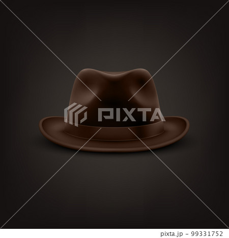 Vector 3d Realistic Brown Vintage Classic Gentleman Black Hat, Cap Icon Closeup Isolated on Black Background. Front View. Mens Unisex Hat Design Template. Vector Illustration 99331752