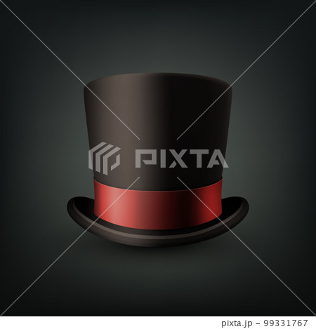 Vector 3d Realistic Black Top Hat with Red Ribbon Closeup Isolated on Black Background. Classic Retro Vintage Top Hat, Vintage Gentlemans Mens Hat, Front View 99331767