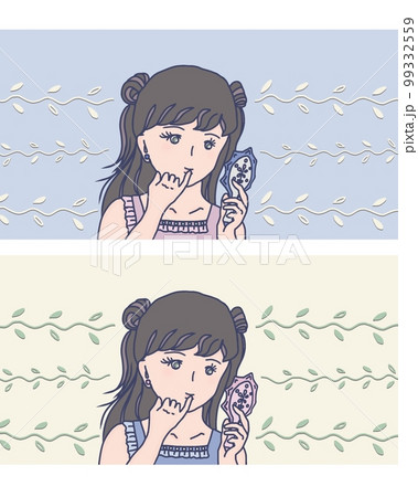 手鏡を持って小指でリップクリームを塗っている女の子のイラスト(2種類セット) 手鏡を持って小指でリップクリームを塗っている女の子のイラスト(2種類セット) 99332559