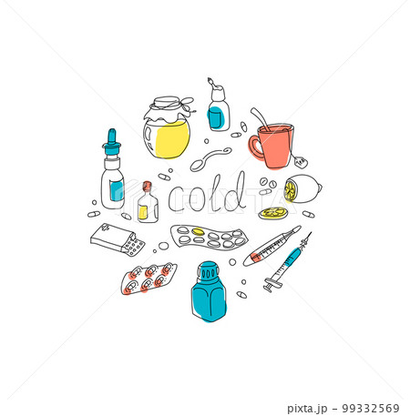 Linear Vector Icons Set Virus. Thin Line Contour Symbols with color. Sickness Medical Treatment Outline Illustrations. Used for colds, epidemics, flu, prevention. 99332569
