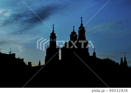 Silhouette of Prague old town Square church against the sky. Silhouette of Prague old town Square church against the sky. 99332926