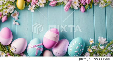 Happy Easter, Colorful Easter Eggs. Easter decoration, Congratulatory easter background. Easter eggs and flowers. Background with copy space. banner, Generative Ai 99334506