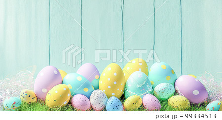 Happy Easter, Colorful Easter Eggs. Easter decoration, Congratulatory easter background. Easter eggs and flowers. Background with copy space. banner, Generative Ai Happy Easter, Colorful Easter Eggs. Easter decoration, Congratulatory easter background. Easter eggs and flowers. Background with copy space. banner, Generative Ai 99334513