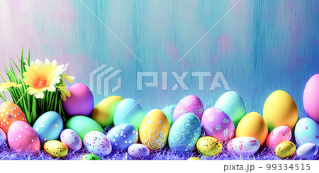 Happy Easter concept with easter eggs and spring flowers. Decorated easter eggs in grass with flowers. Easter background with copy space. Easter eggs arrangement. Generative Ai 99334515