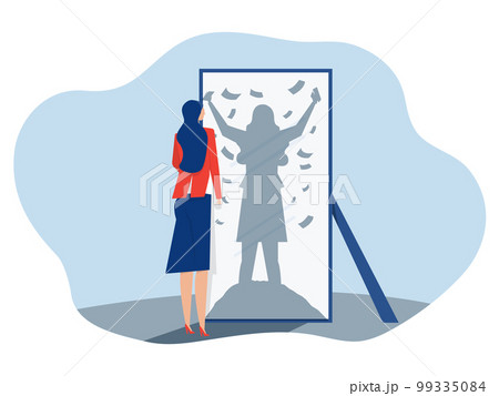 businesswoman looking at herself on mirror dreaming about money or rich wealth flat Rich and wealthy concept vector illustrator businesswoman looking at herself on mirror dreaming about money or rich wealth flat Rich and wealthy concept vector illustrator 99335084