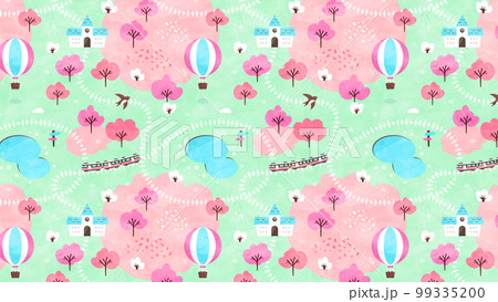 春のパターン背景 桜と電車のシームレスな風景イラスト 99335200
