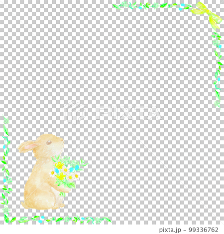 Floral frame of a rabbit holding a bouquet. Illustration drawn with watercolors. 99336762