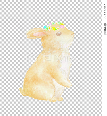 花輪をかぶった子ウサギの水彩イラスト。 99337267