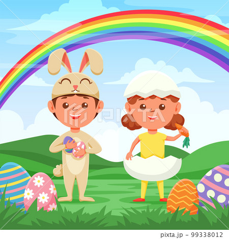 Happy Easter greeting card. Cute kids are wearing Easter costumes. 99338012