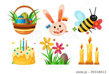 Happy Easter design element with basket of eggs, bunny ears, bee, cake, flowers and candles. 99338013