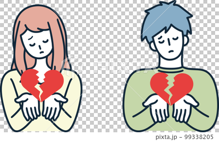 Broken heart, catastrophe, set of men and women with hearts, simple illustration 99338205