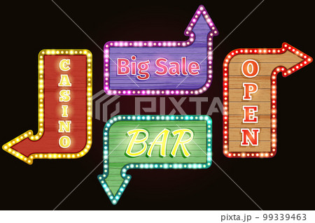 Open, big sale, casino, bar retro neon signs vector set 99339463