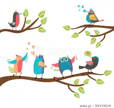 Set of colorful cartoon birds on branches 99339626
