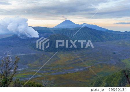 夜明けのブロモ山、バトック山、スメル山と平原（ジャワ島東部） 99340134