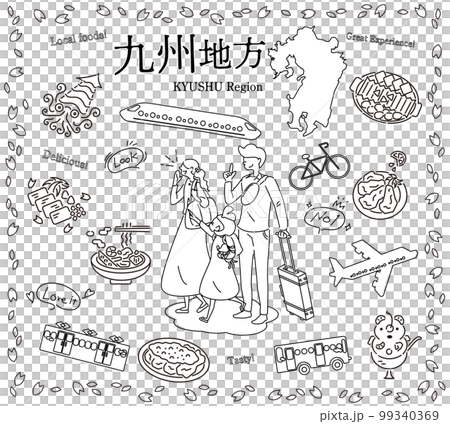 日本の九州地方の春のグルメ観光を楽しむ三人家族、アイコンのセット（線画白黒） 99340369