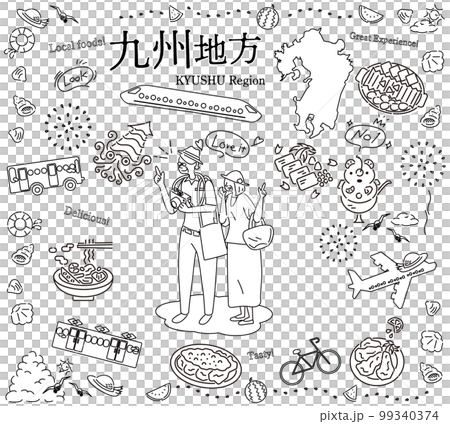 一對老年夫婦在日本九州地區享受夏季美食觀光，一組圖標（黑白線描） 99340374