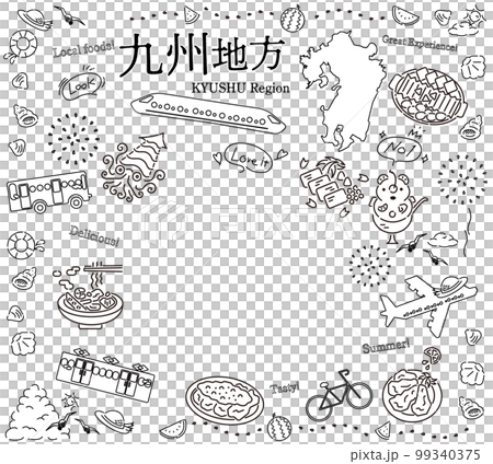 日本の九州地方の夏のグルメ観光のアイコンのセット（線画白黒） 99340375