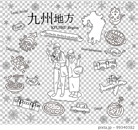 日本の九州地方の冬のグルメ観光を楽しむシニア夫婦、アイコンのセット（線画白黒） 99340382
