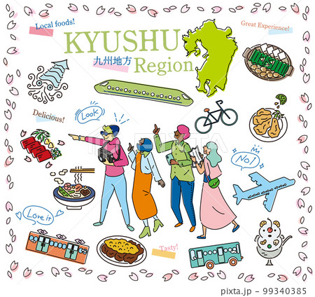 日本の九州地方の春のグルメ観光を楽しむ観光客、アイコンのセット（線画） 99340385