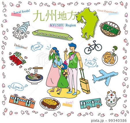 日本の九州地方の春のグルメ観光を楽しむ三人家族、アイコンのセット（線画） 99340386
