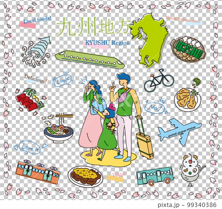 A family of three enjoying spring gourmet sightseeing in the Kyushu region of Japan, a set of icons (line drawing) 99340386