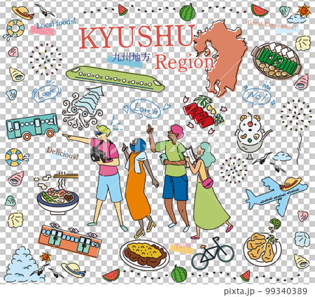 日本の九州地方の夏のグルメ観光を楽しむ観光客、アイコンのセット(線画) 日本の九州地方の夏のグルメ観光を楽しむ観光客、アイコンのセット(線画) 99340389