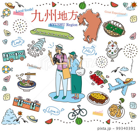 日本の九州地方の夏のグルメ観光を楽しむシニア夫婦、アイコンのセット（線画） 99340391