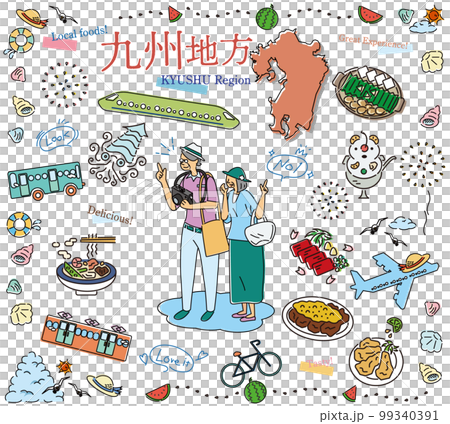 日本の九州地方の夏のグルメ観光を楽しむシニア夫婦、アイコンのセット（線画） 99340391